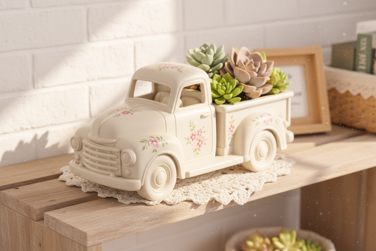 Vintage pickup truck planter lifestyle scene with succulents