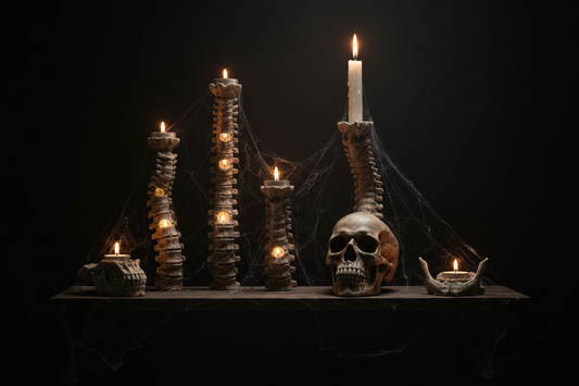 Spine & Skull Candleholder Set - gothic lifestyle scene with candles lit