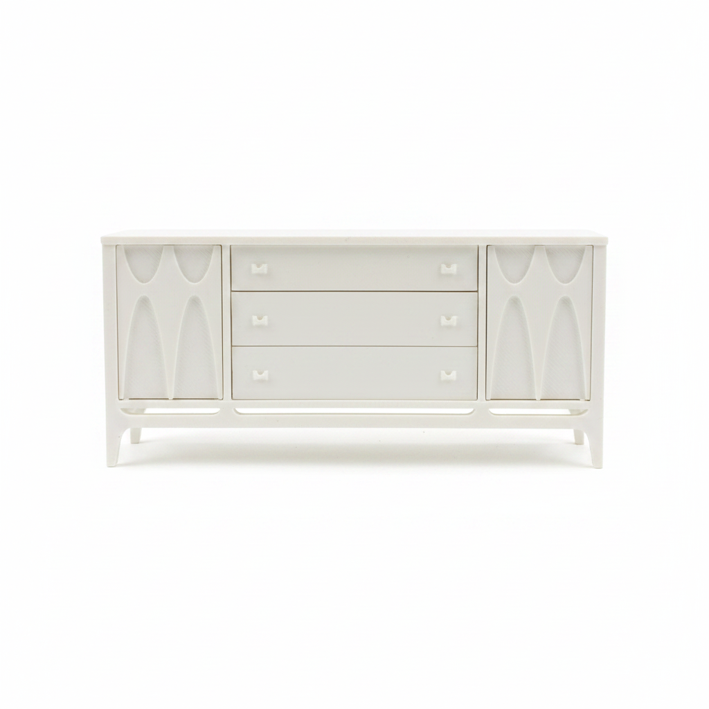 1:12 scale mid-century modern credenza front view on white background