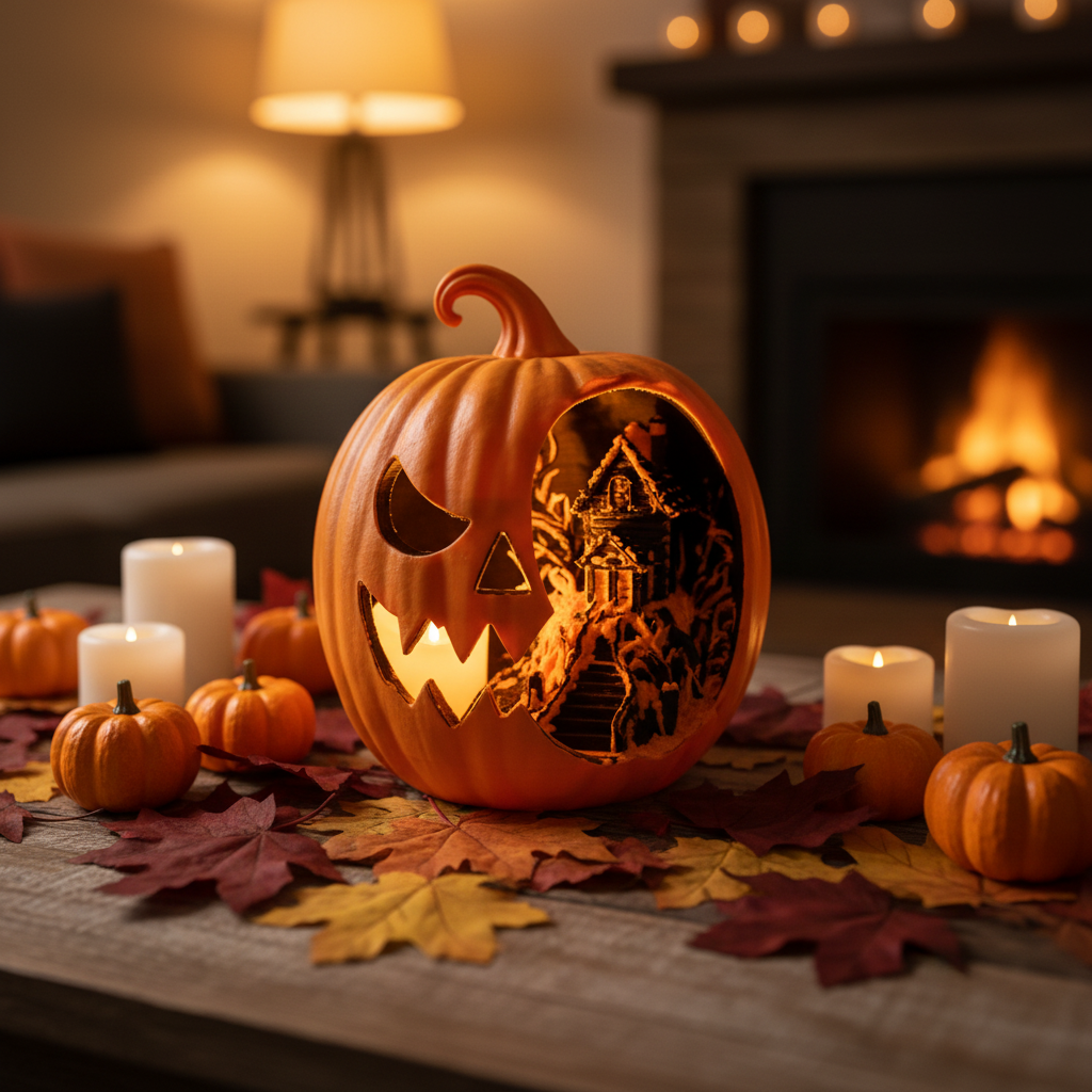 3D printed haunted house jack-o-lantern glowing on a rustic table with autumn decor