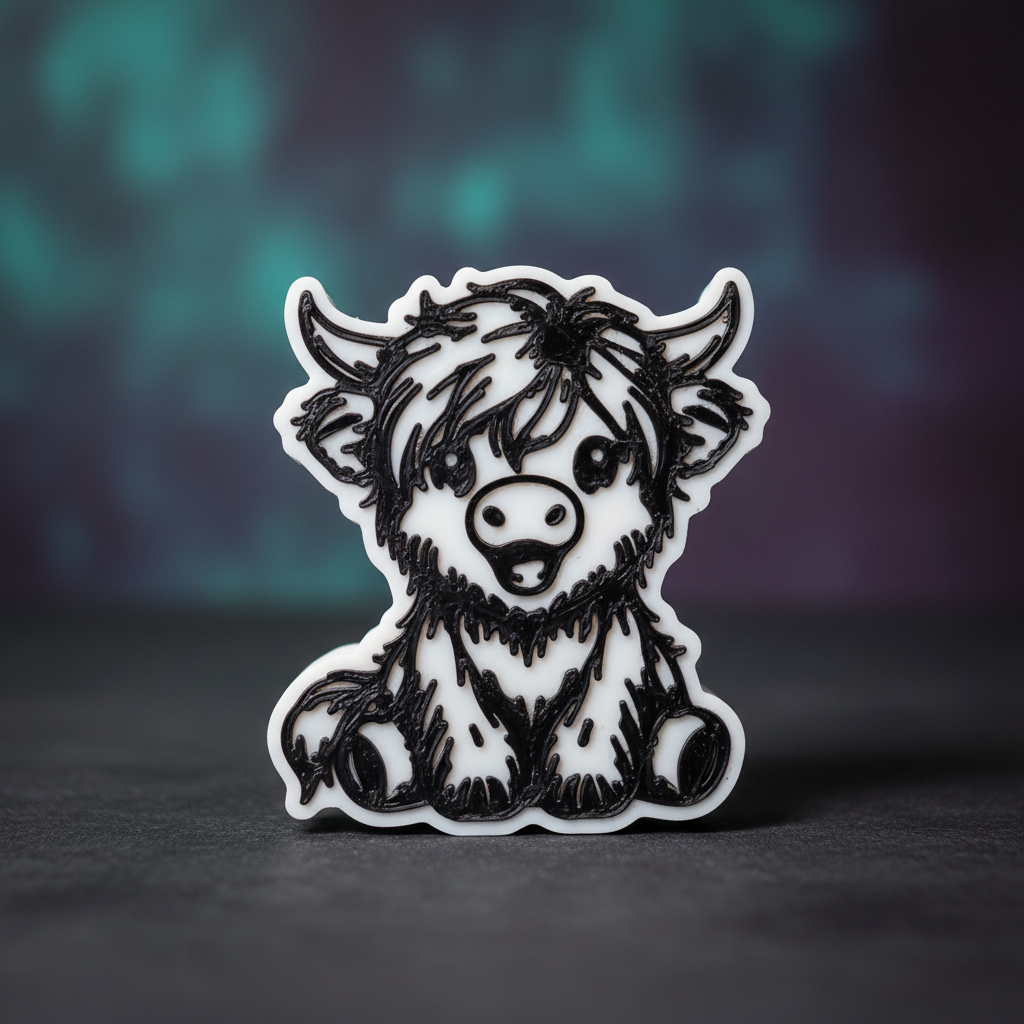 Black and white 3D printed highland cow straw sitter