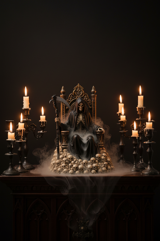 Grim Reaper skull throne incense holder in a dark gothic atmospheric setting