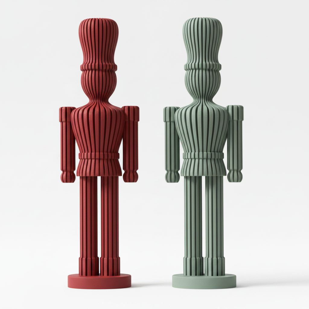 3D printed Japandi nutcracker statues red and sage green on white background