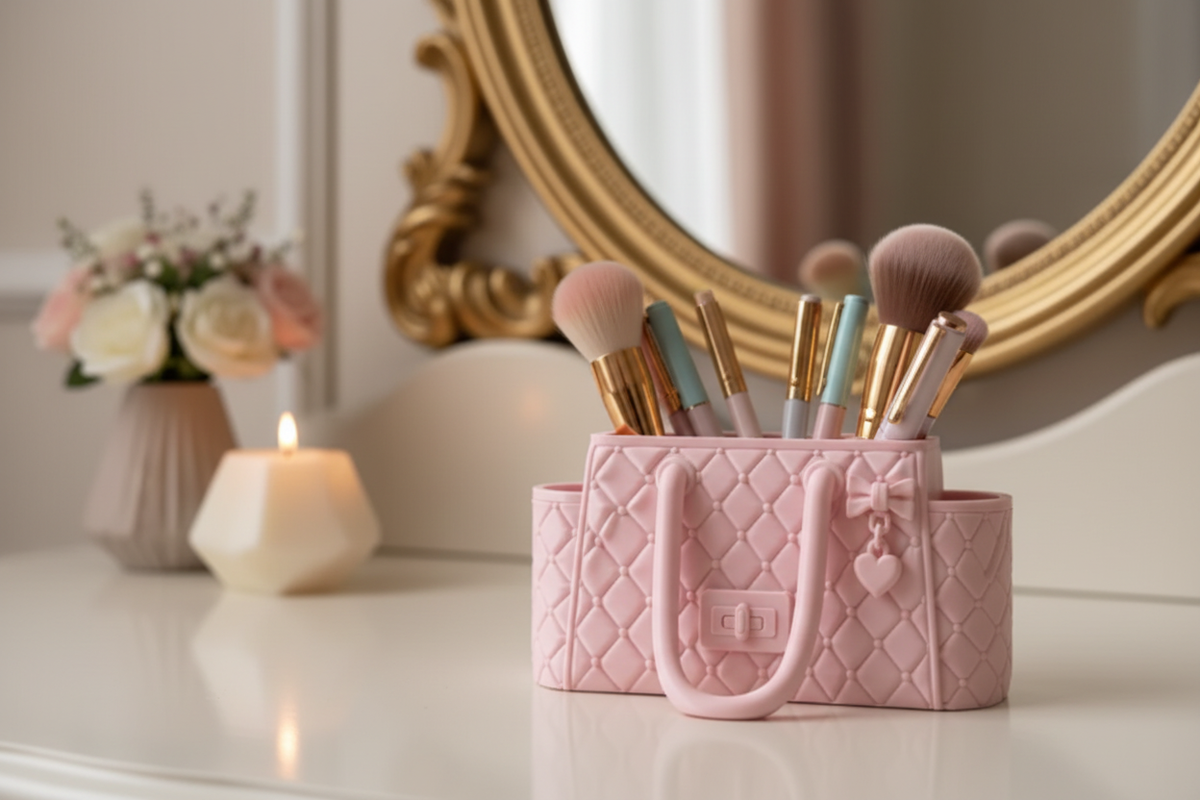 Luxury handbag organizer pink boudoir vanity lifestyle scene with makeup brushes