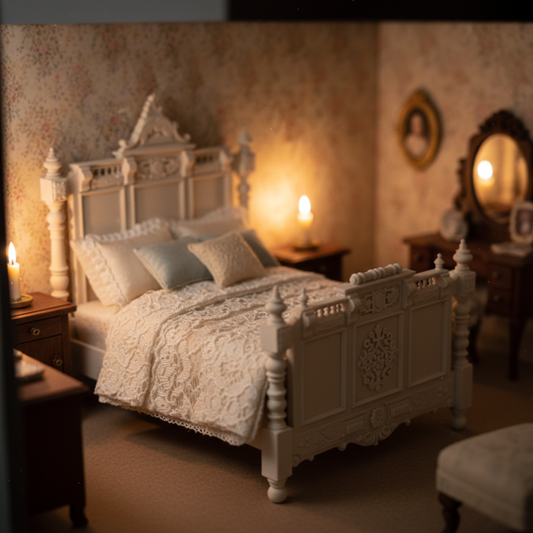 Miniature baroque bed frame in a cozy dollhouse bedroom setting