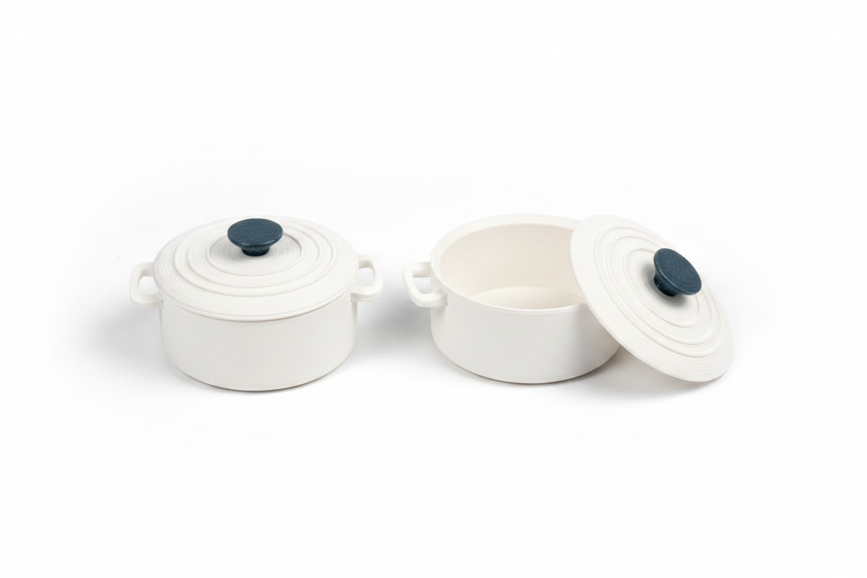 1:12 scale miniature white Dutch oven set white background studio shot