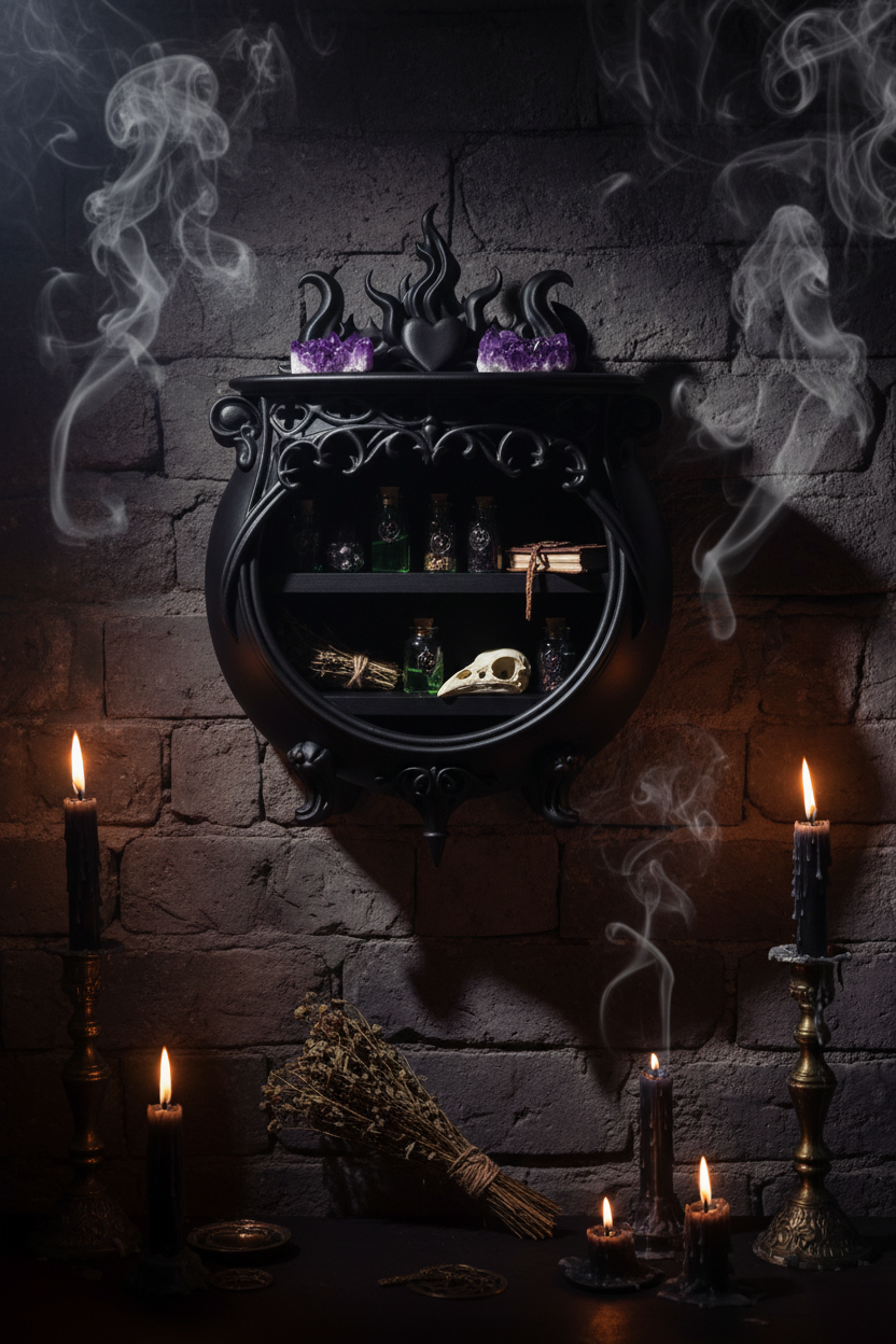 Gothic Cauldron Wall Shelf - dark altar lifestyle scene with crystals and potions