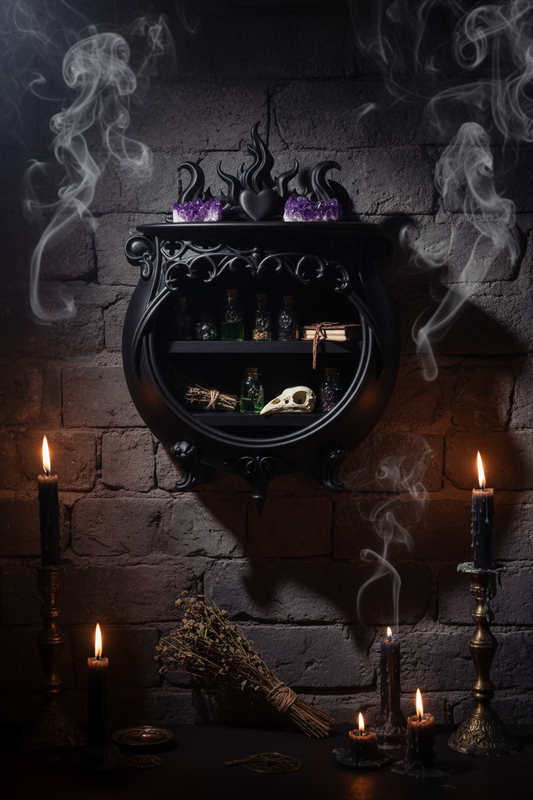 Gothic Cauldron Wall Shelf - dark altar lifestyle scene with crystals and potions