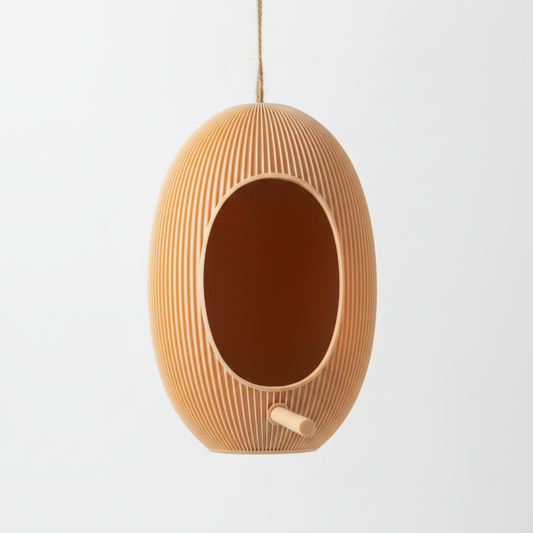 3D printed Japandi bird feeder on white background