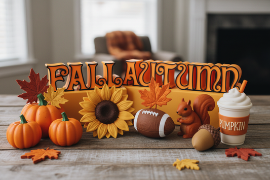 11-piece chunky fall decoration set styled as autumn vignette on rustic wooden surface