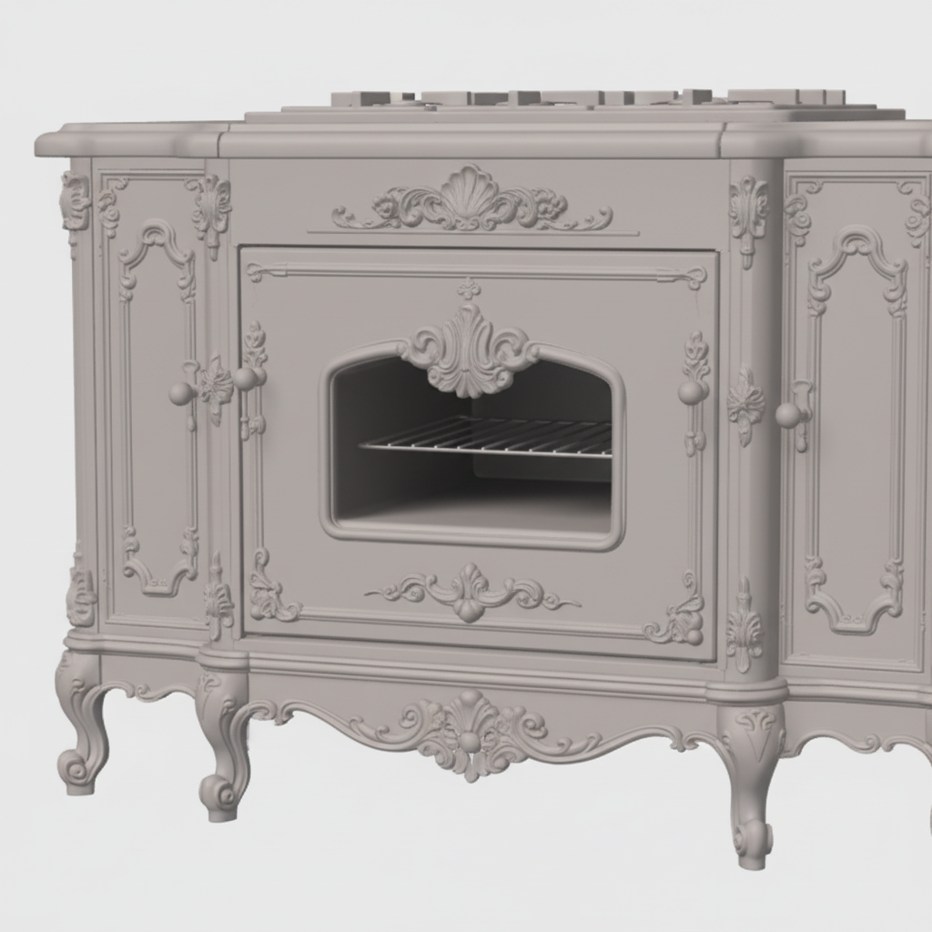 1:12 scale Rococo stove oven door with arched window and scrollwork cartouche