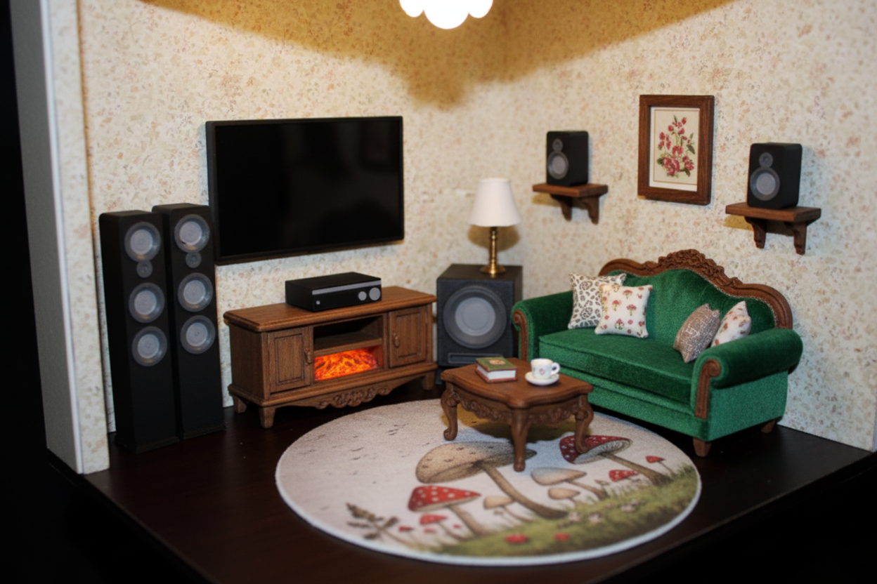 1:12 scale miniature home theater surround sound system in cozy dollhouse living room