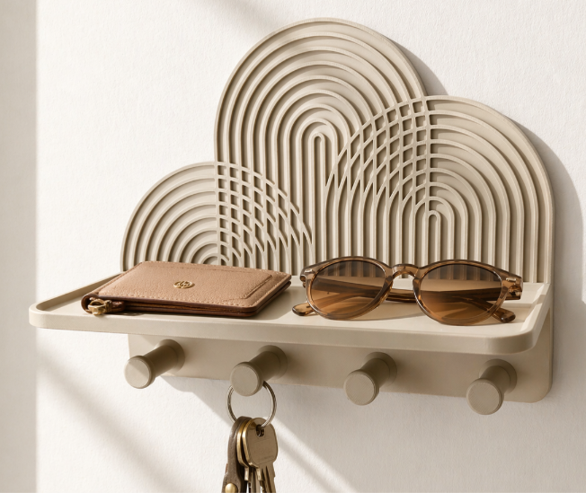 Boho Cloud Arch Wall Shelf with Key Hooks – 3D Printed