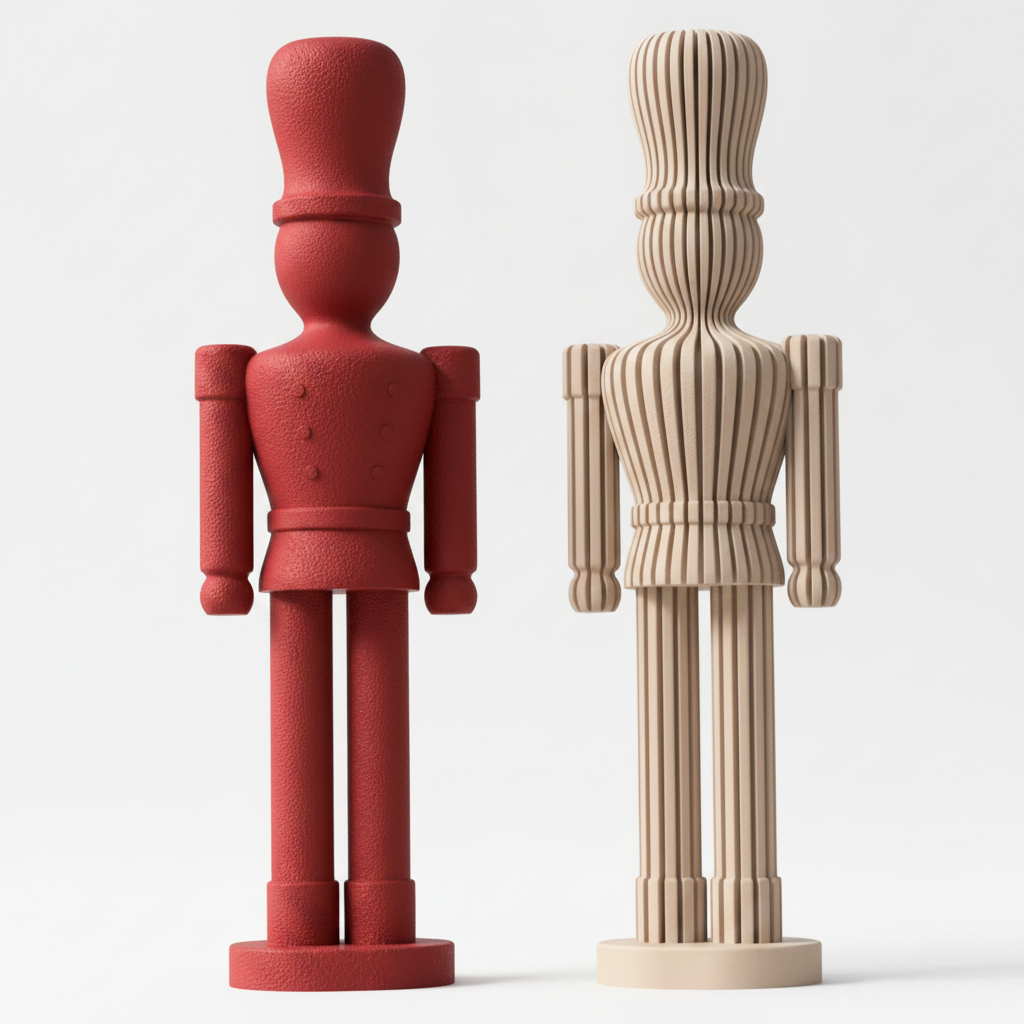 3D printed Japandi nutcracker statues red and cream on white background
