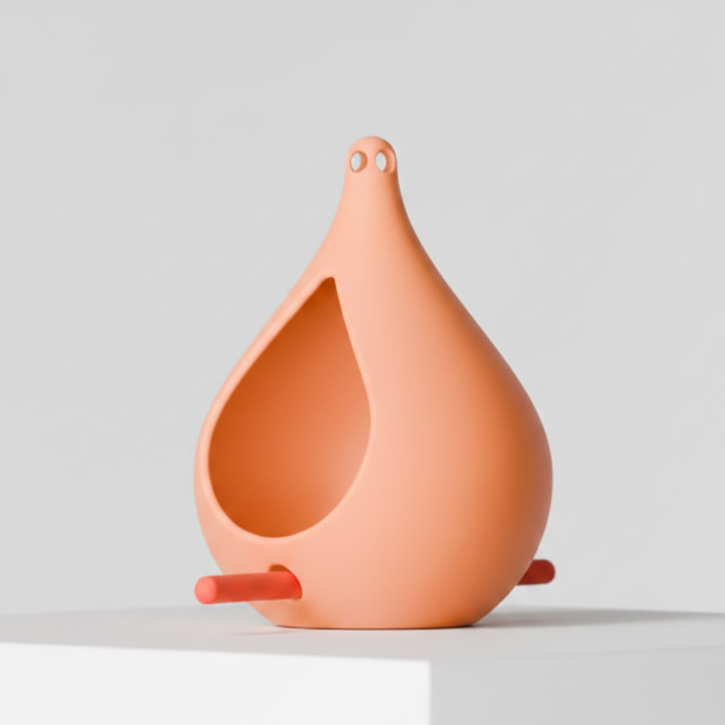 Teardrop Bird Feeder in peach – angled studio shot showing interior