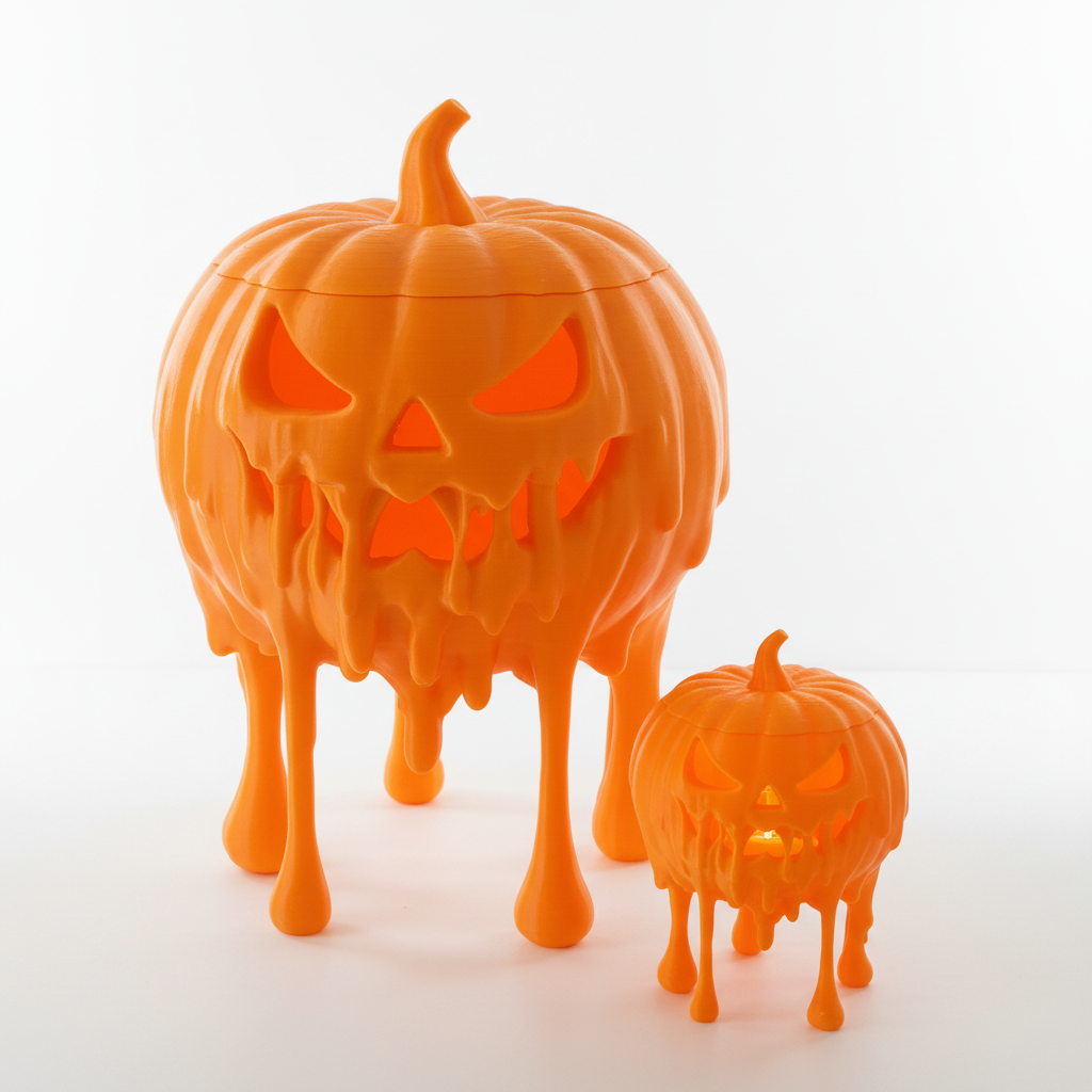3D printed melting jack-o-lantern on white background studio shot