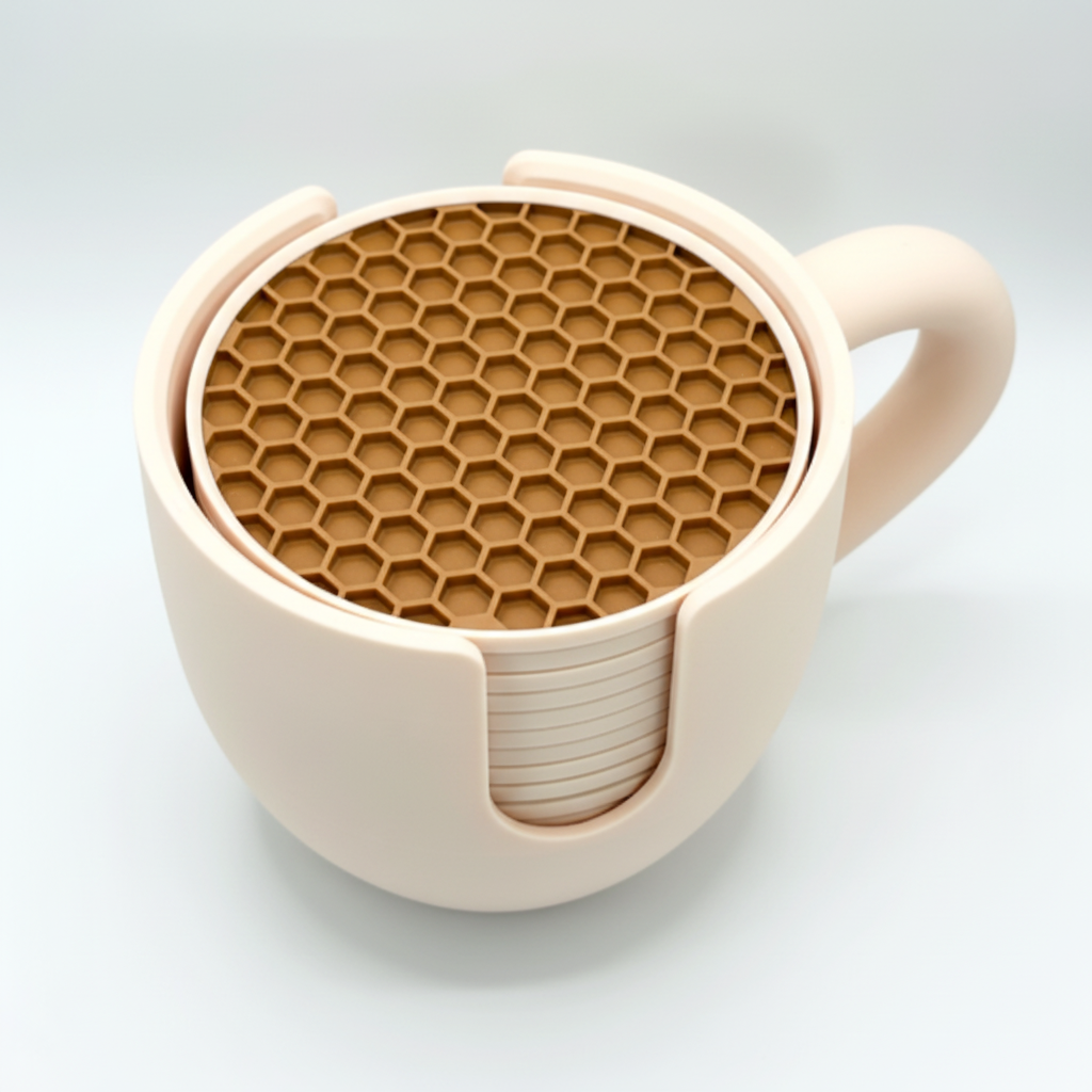 Mug coaster holder set white background studio shot