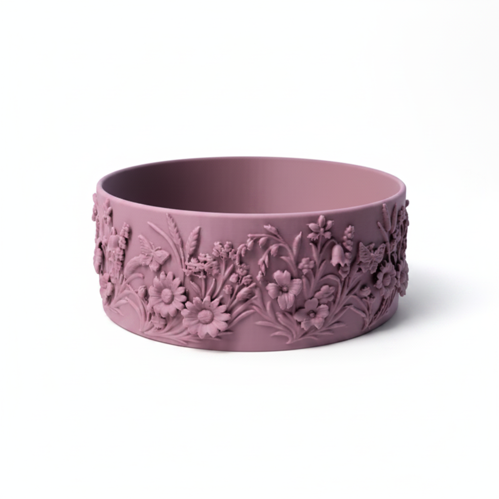 Mid-Summer Eve Bowl in dusty mauve showing floral relief exterior