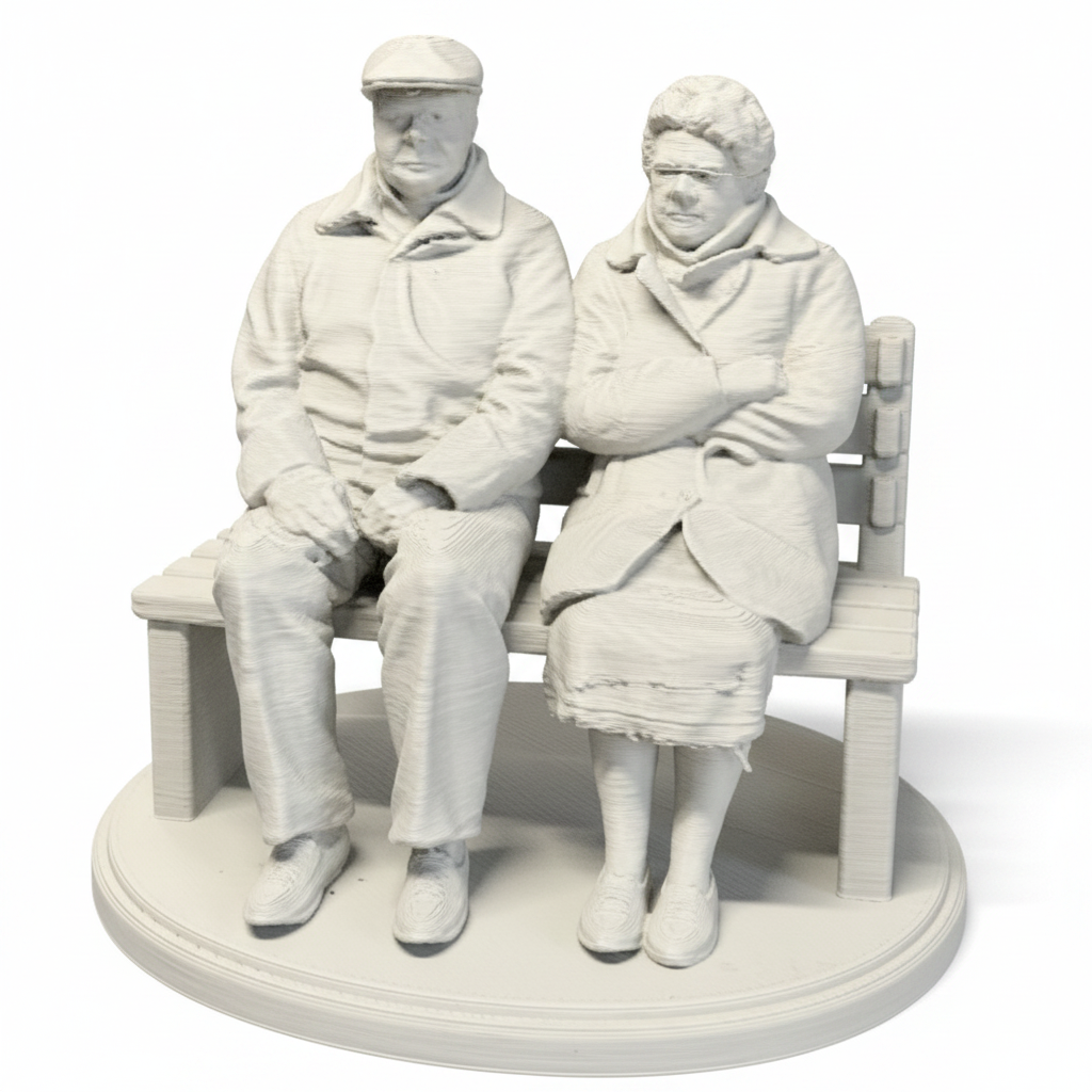 Grumpy old people miniature seated couple close up on white background