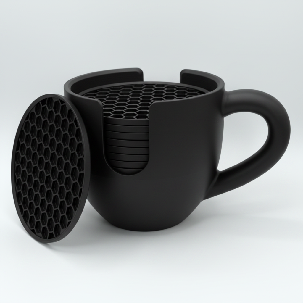 Mug coaster holder set in matte black