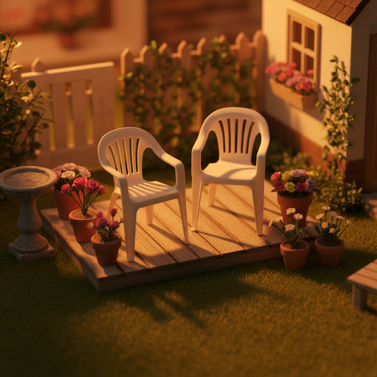 Two miniature 1:12 scale classic lawn chairs in a cozy dollhouse diorama setting