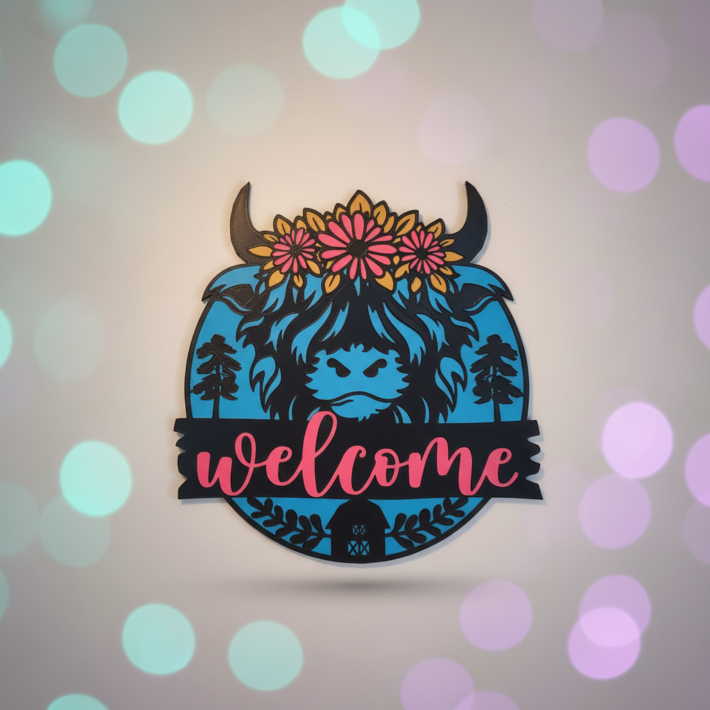 Round 3D printed highland cow welcome sign in blue, black, and pink