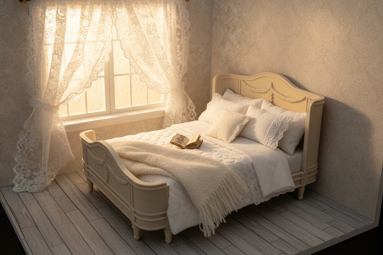 French provincial miniature bed lifestyle scene no side tables