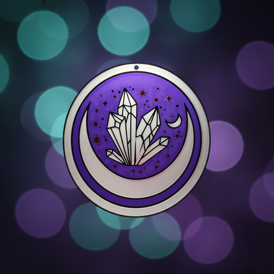 Round 3D printed purple and white crystal moon sun catcher