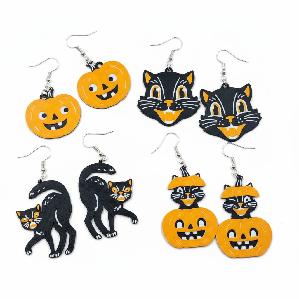 4 pairs vintage Halloween earrings white background all designs shown