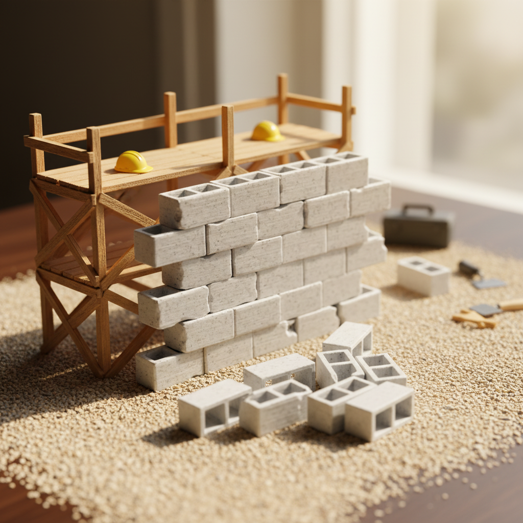 Miniature cinder blocks styled in a tiny construction site diorama
