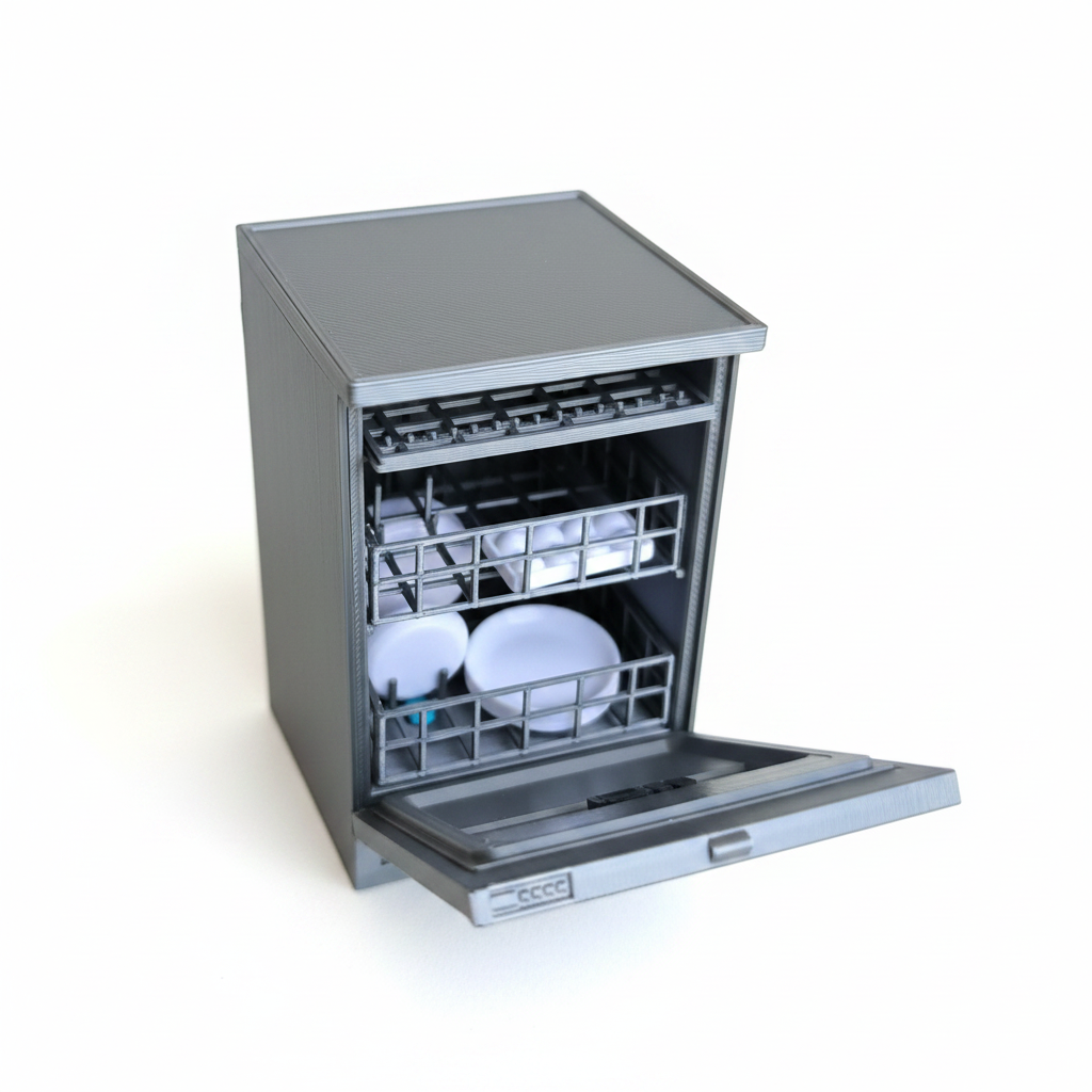 Miniature dishwasher open with dishes on white background