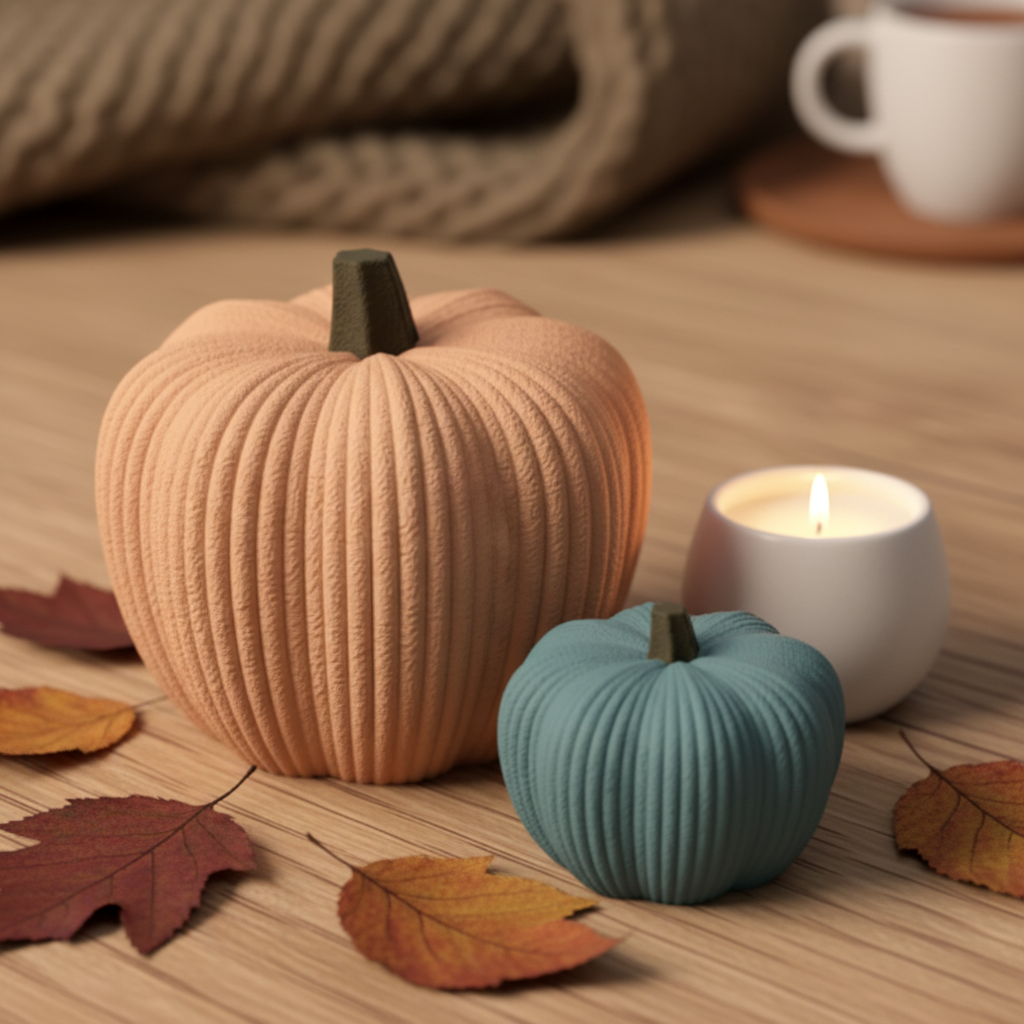 3D printed ribbed pumpkin set in apricot orange and teal blue lifestyle scene