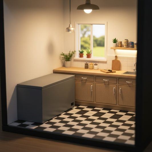 Miniature chest freezer in cozy dollhouse kitchen lifestyle scene
