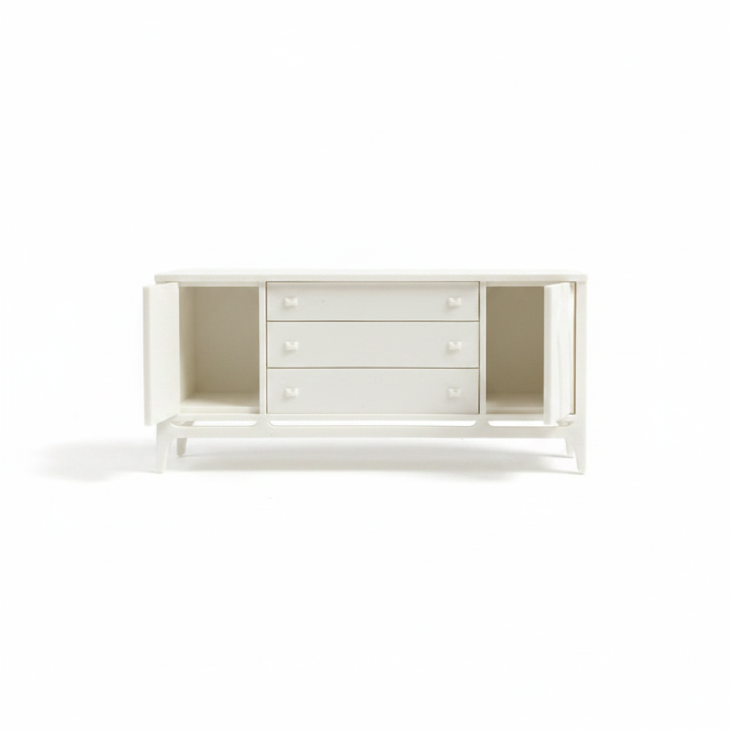 1:12 scale mid-century modern credenza with doors open showing interior