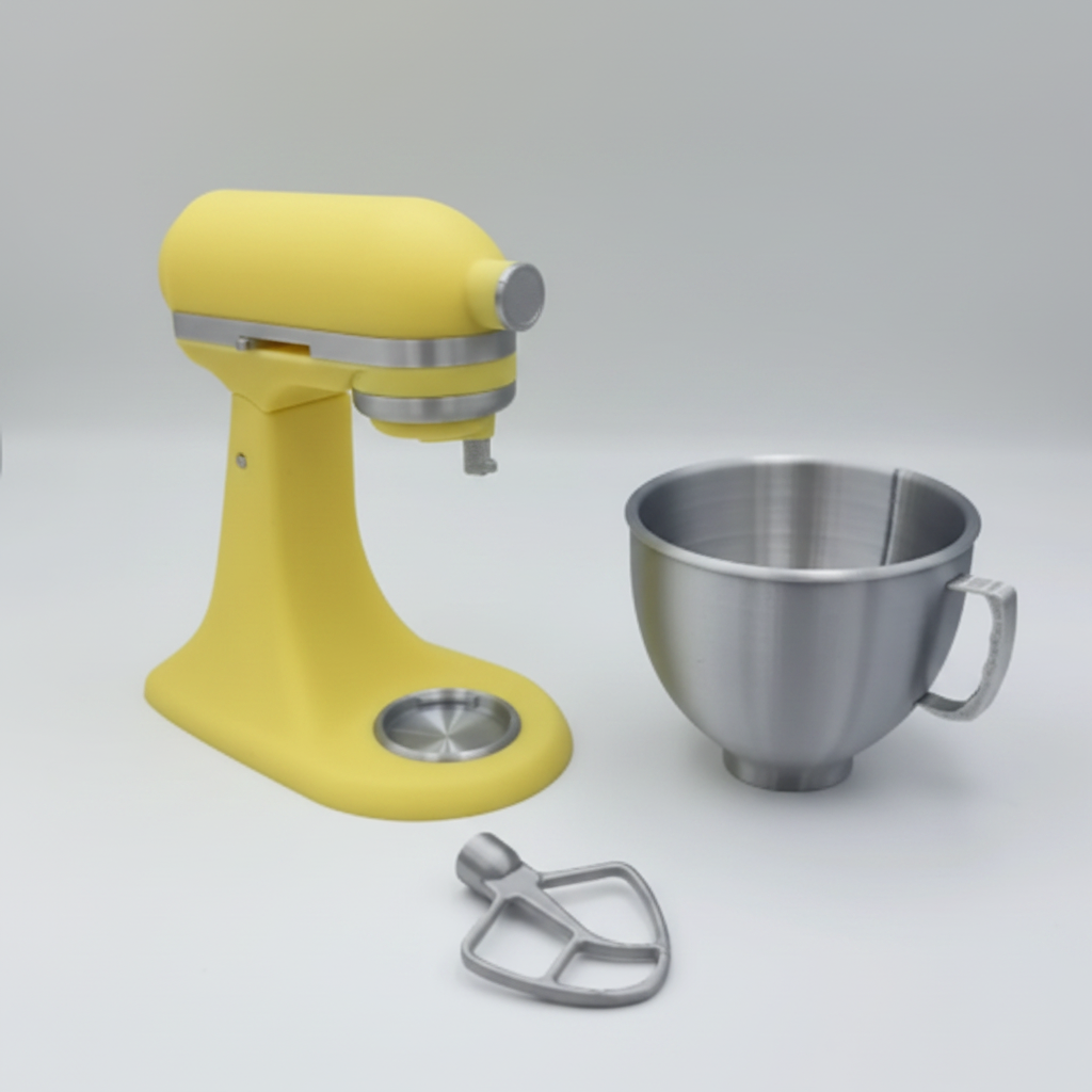 1:12 scale miniature yellow KitchenAid mixer white background with all components