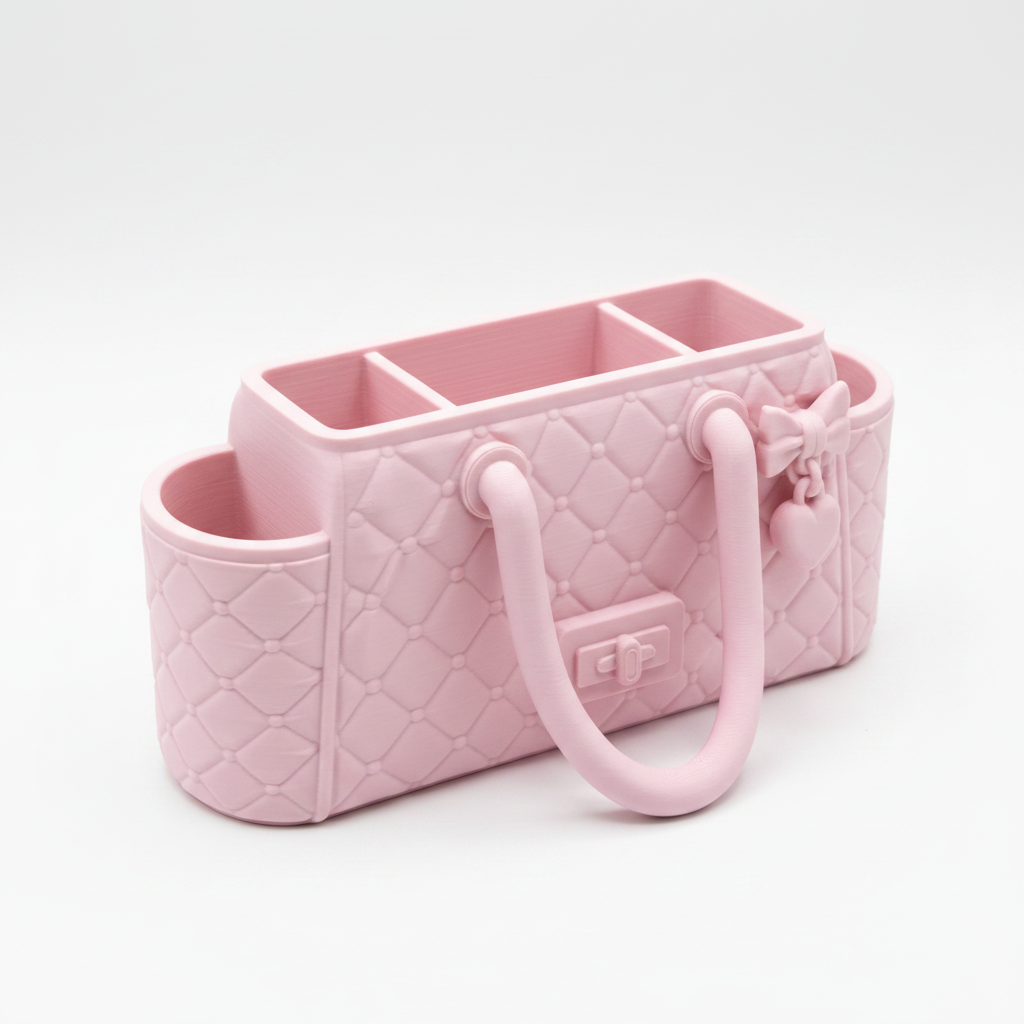 Luxury handbag desk organizer pink white background studio shot