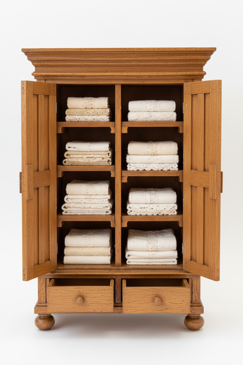 Miniature hand painted wood linen cabinet – clean white background studio shot