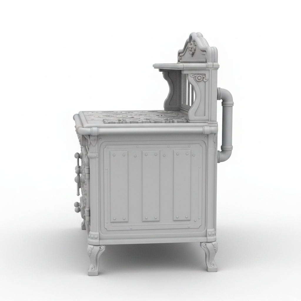 1:12 scale Victoria antique cast iron stove side view on white background