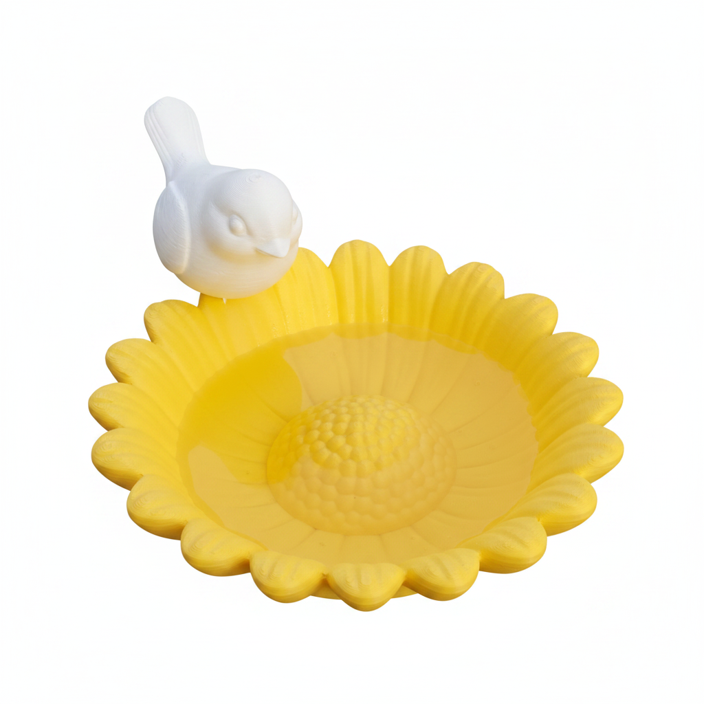 Yellow flower bird bath close-up with white bird on white background