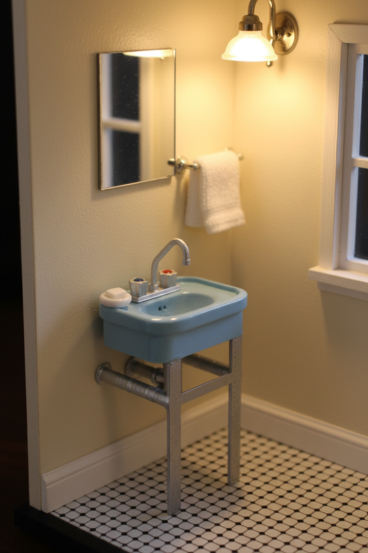 1:12 Retro Pedestal Sink - vintage dollhouse bathroom lifestyle scene