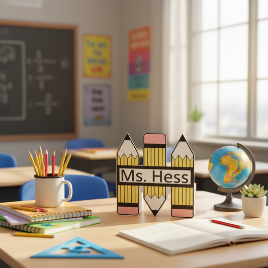 Customizable teacher name sign and pen holder on classroom desk lifestyle scene