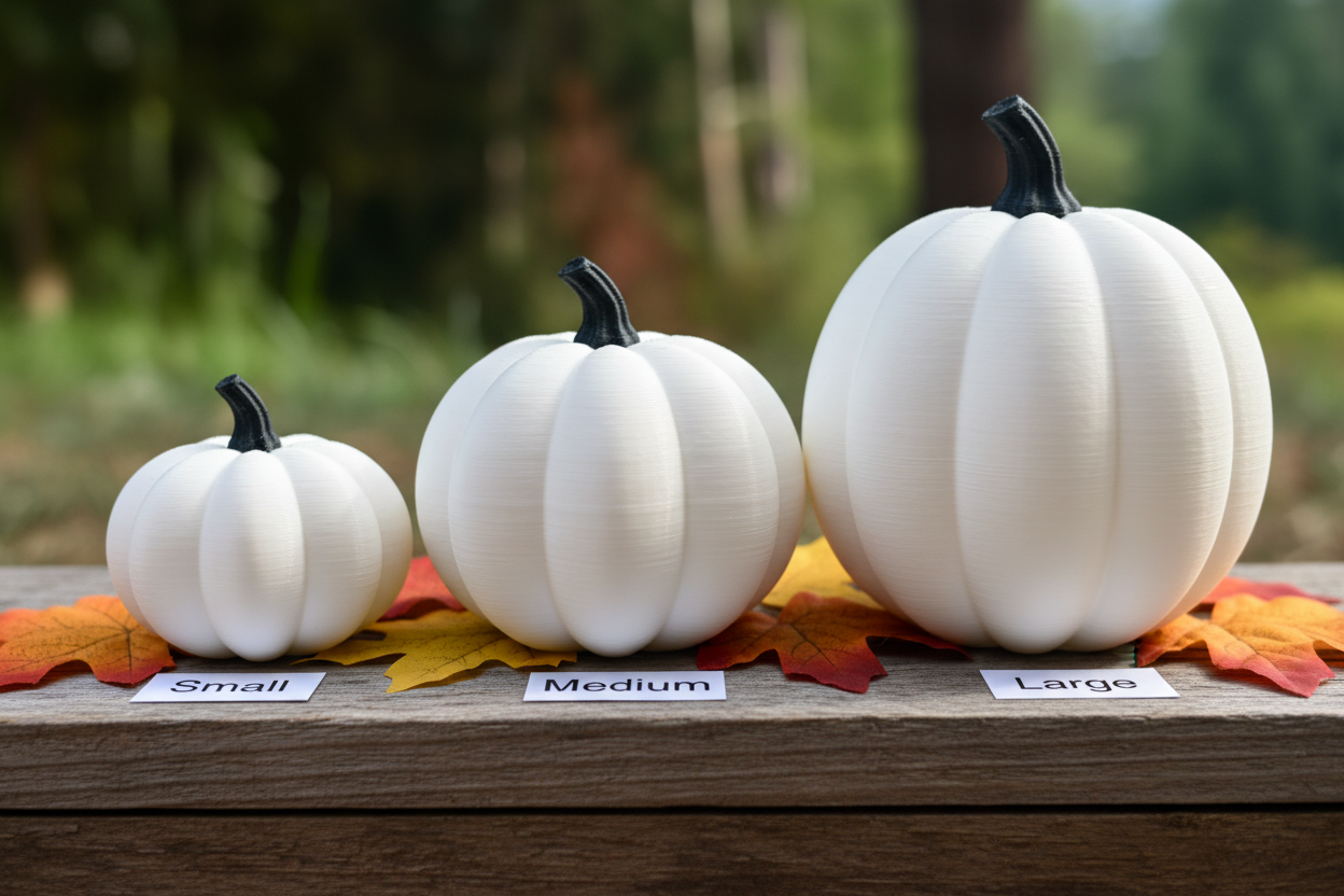 Three 3D printed decorative pumpkins showing small, medium, and large sizes side by side