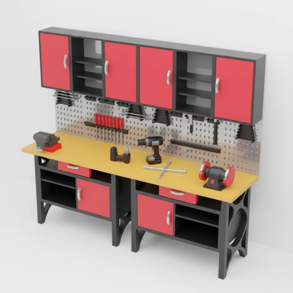 1:12 scale miniature red workbench white background studio photo