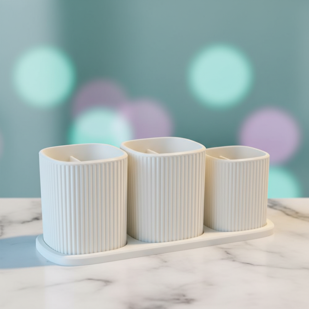 Ribbed 3D printed bathroom organizer and toothbrush holder 3 piece set