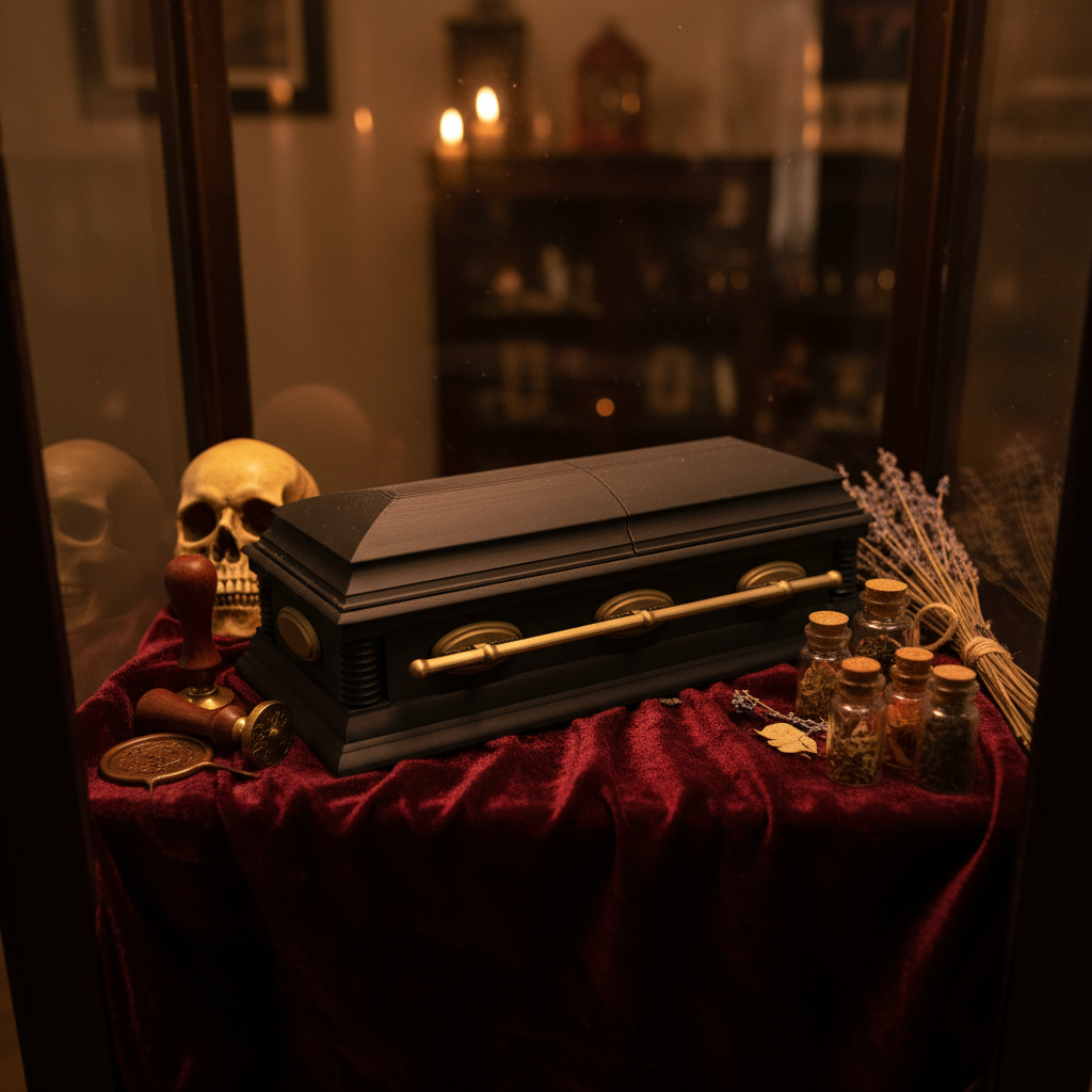 Mini coffin trinket box closed on dark velvet