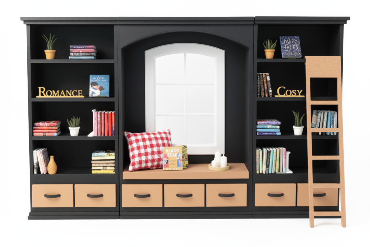 Cozy Library with Window Seat - full set white background studio shot