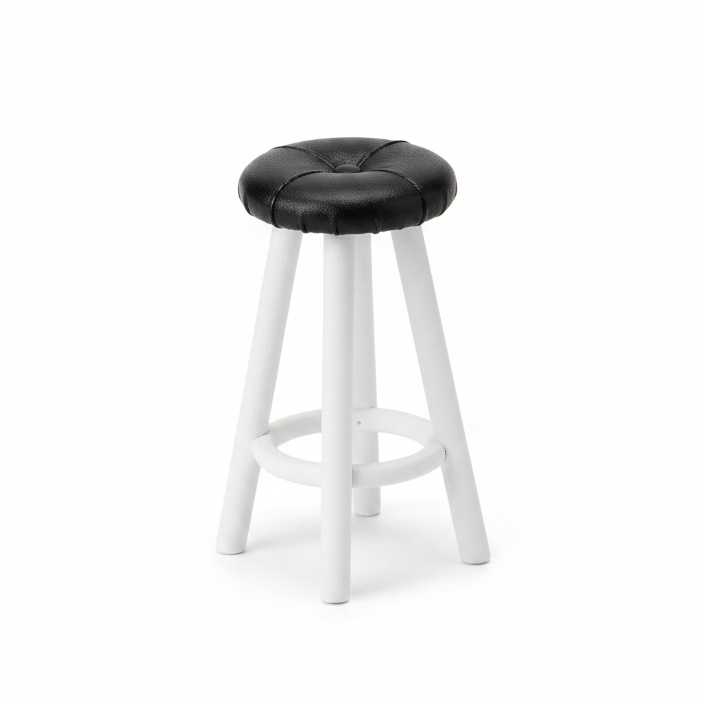 Dollhouse miniature white bar stool with black tufted seat, white background