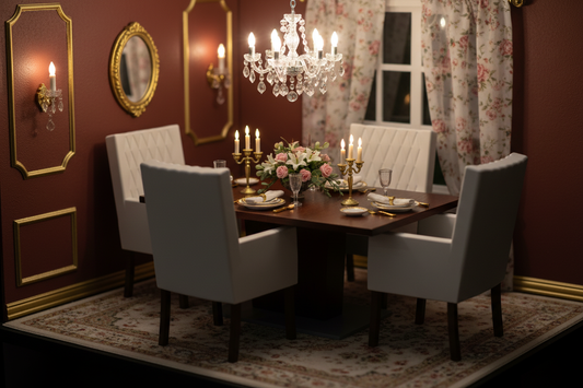 1:12 scale dollhouse dining set in a warm candlelit Victorian room