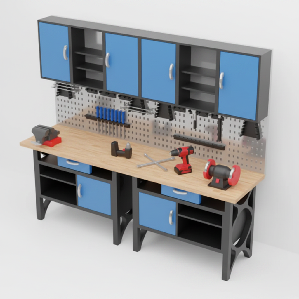 1:12 scale miniature blue workbench white background studio photo