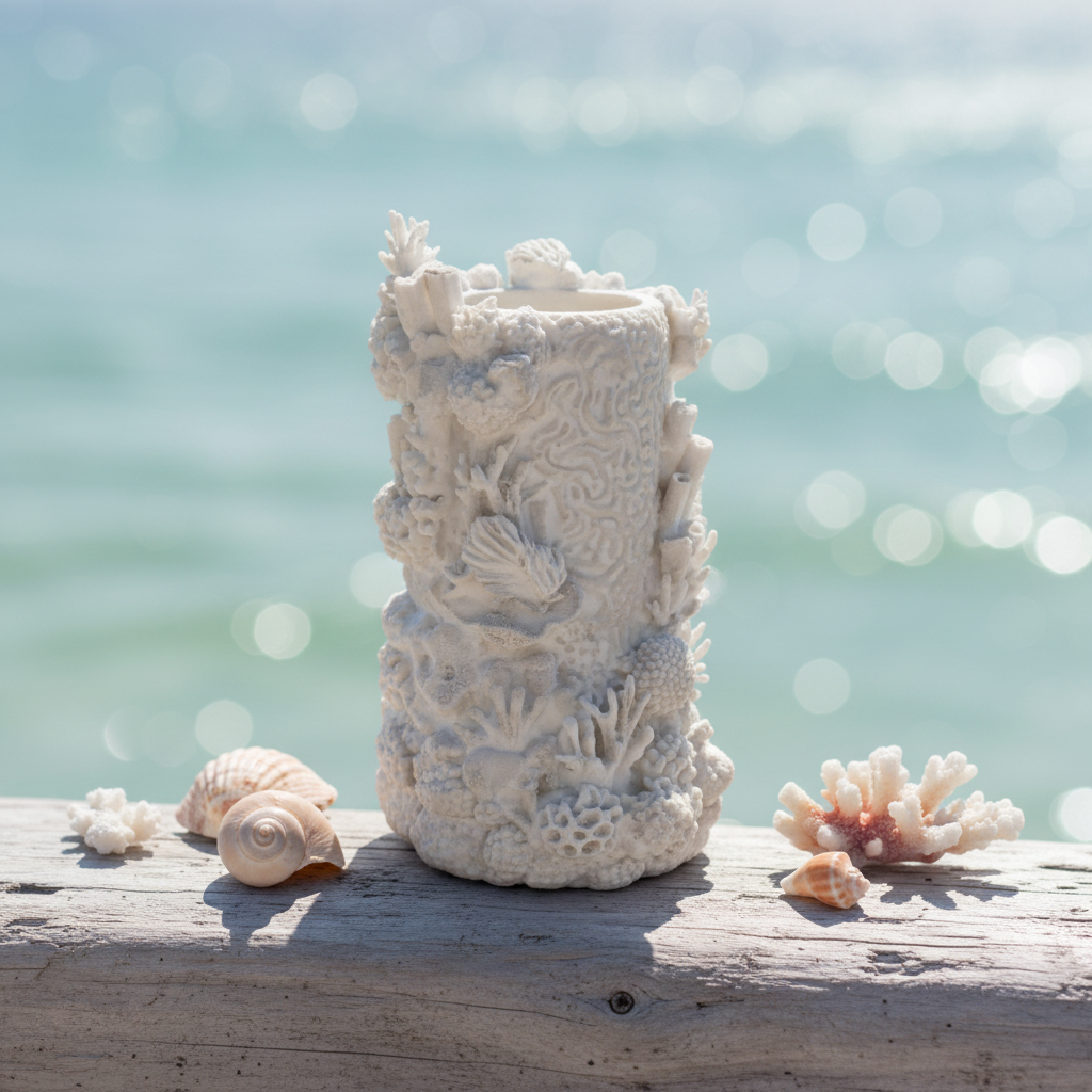 3D printed white coral reef vase on driftwood with ocean background